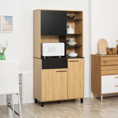 Keukenkast – Buffetkast – Opbergkast – Magnetronkast – Keukenbuffet – Modern Design – Verstelbare Planken – Anti-Kantel Systeem – 180 cm Hoog – Zwart/Naturel Hout