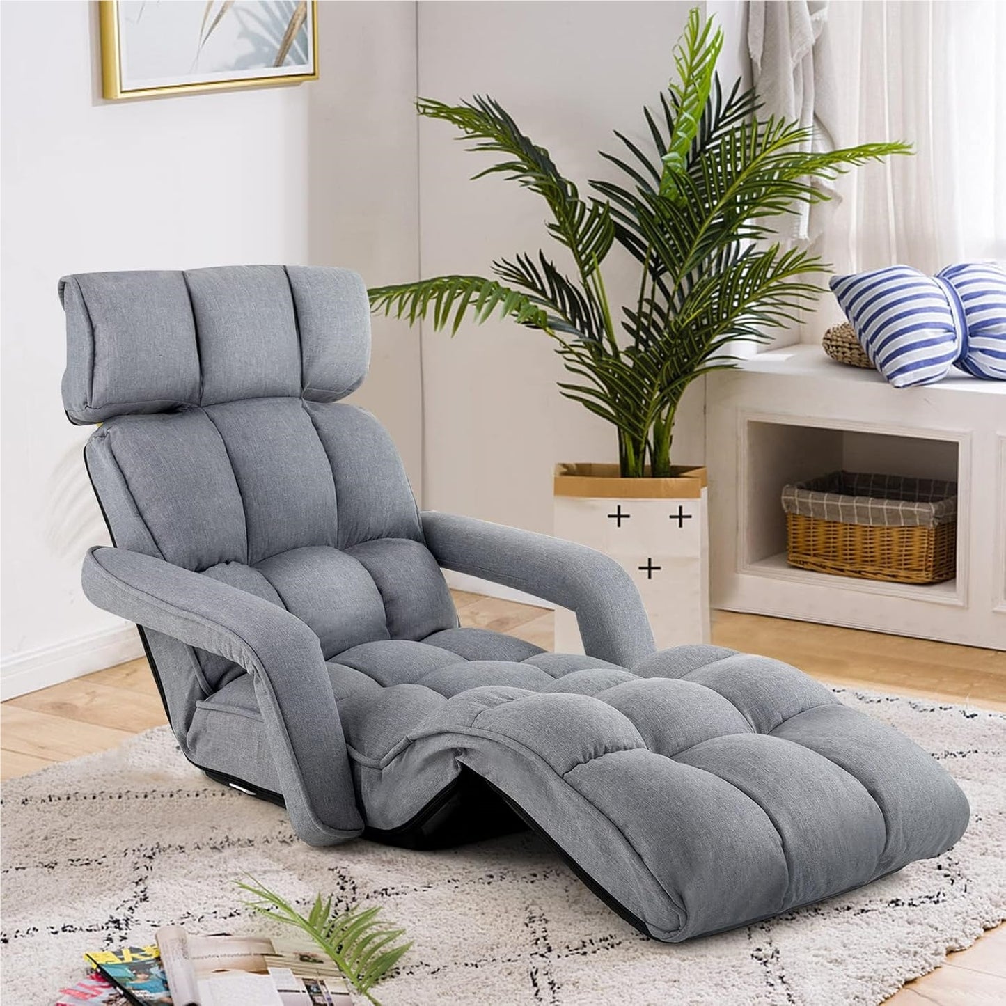 Relax Lounge Chair – Relaxstoel – Fauteuil – Ligstoel – Zitzak – Verstelbaar In 5 Posities – Linnen Bekleding – Inklapbaar – Ergonomisch Design – Max. 140 kg draagkracht – Grijs