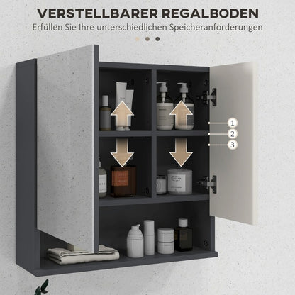 Badkamer Spiegelkast – Spiegelkast Met Opbergruimte – Wandkast Badkamer – Spiegelkast Met Plank – Anti Condens Spiegel – Grijs – 55x17x55 cm – Modern Ruimtebesparend Design