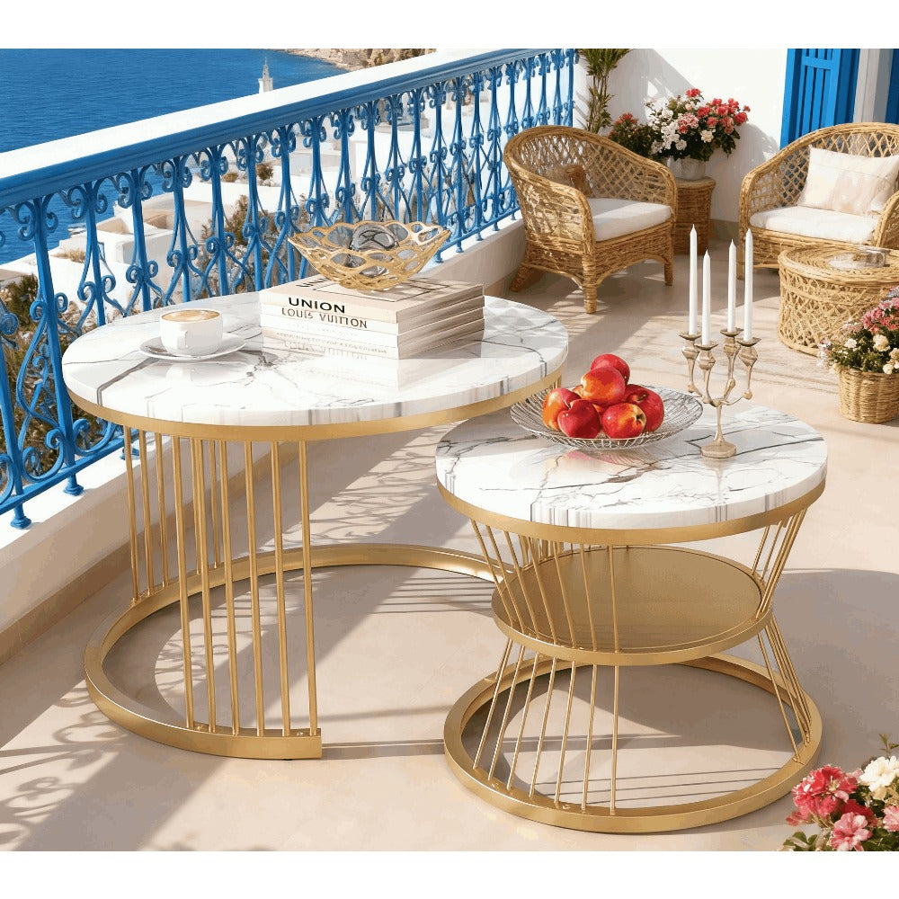 Ronde Salontafel Set – Bijzettafel – Koffietafel – Nestbare Tafels – Modern – Marmerlook – Hoogwaardig MDF – Verstelbare Pootdopjes