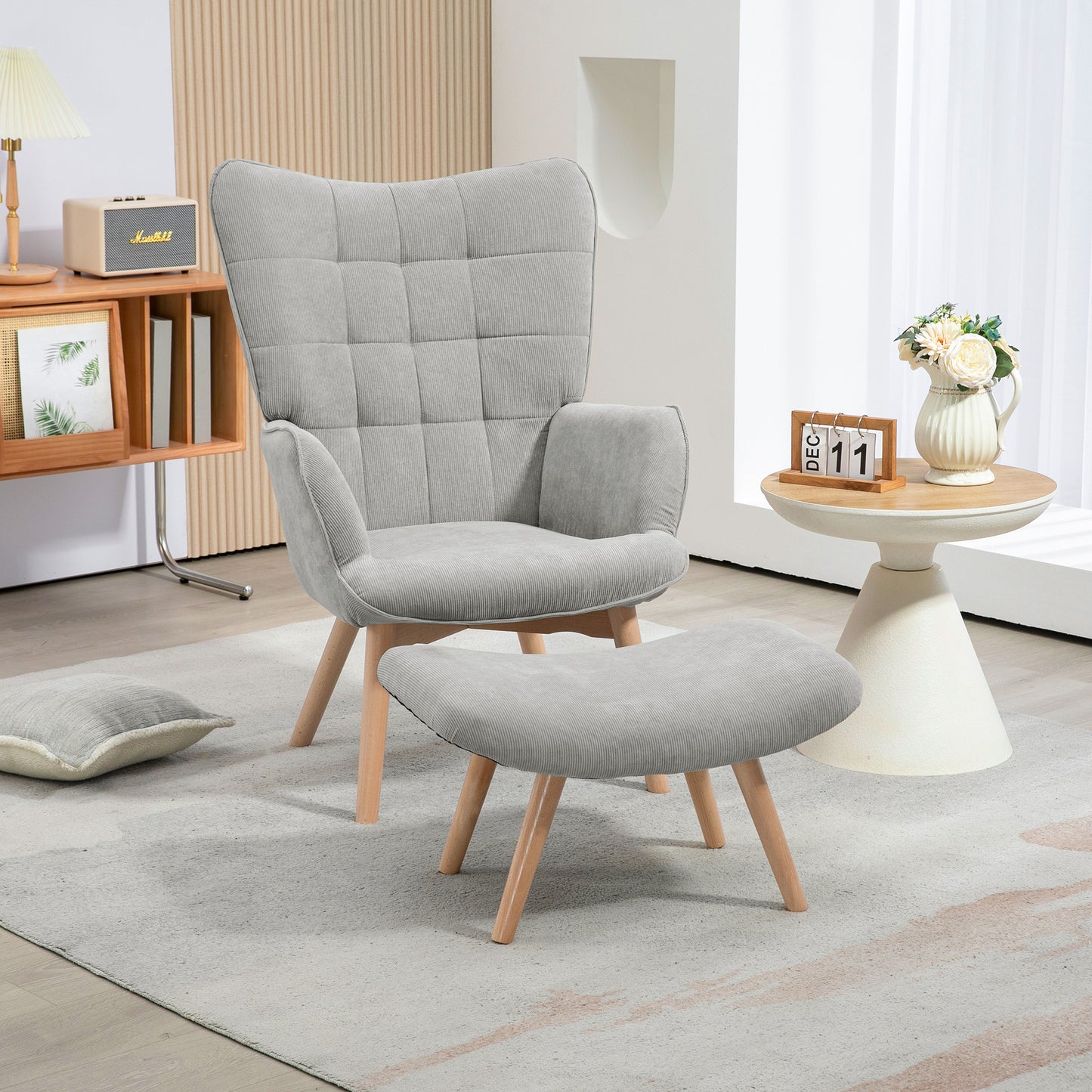 Accentstoel met Ottomaan – Relaxfauteuil – Zithoekstoel – Loungestoel – Fauteuil – Cord-Look Stof – Stevige Houten Poten – Grijs