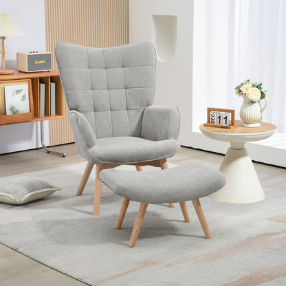 Accentstoel met Ottomaan – Relaxfauteuil – Zithoekstoel – Loungestoel – Fauteuil – Cord-Look Stof – Stevige Houten Poten – Grijs