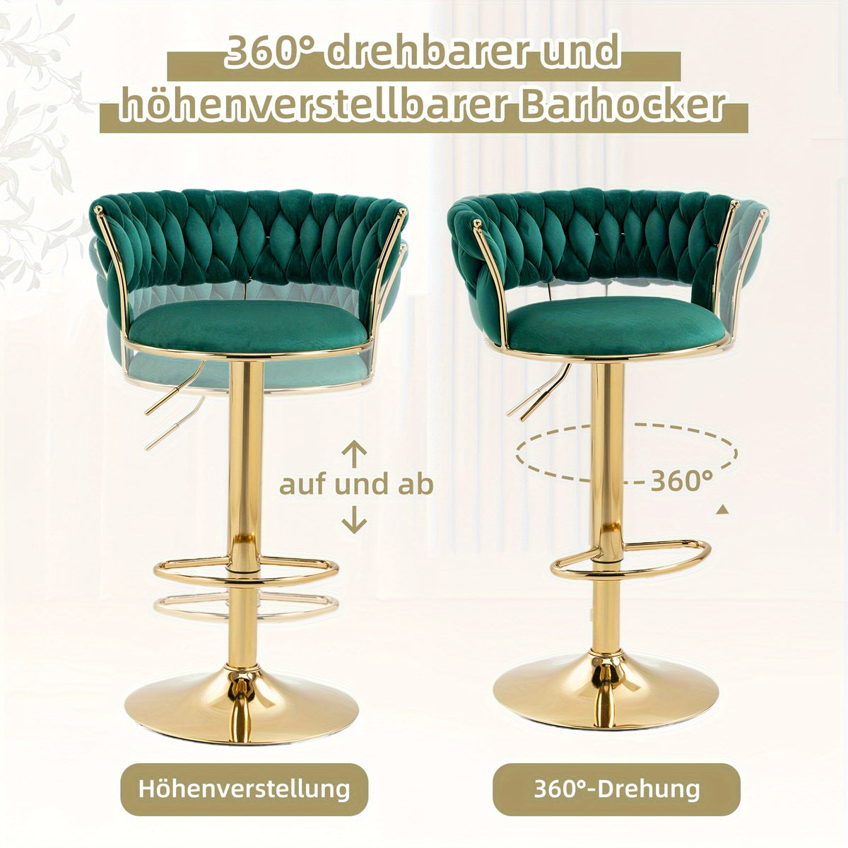 Barkruk – Barstoel – Keukenstoel – Eetkamerstoel – Kruk – Fluwelen Bekleding – 360° Draaibaar – One-Touch Hoogte Verstelbaar – Set Van 2 – Smaragdgroen