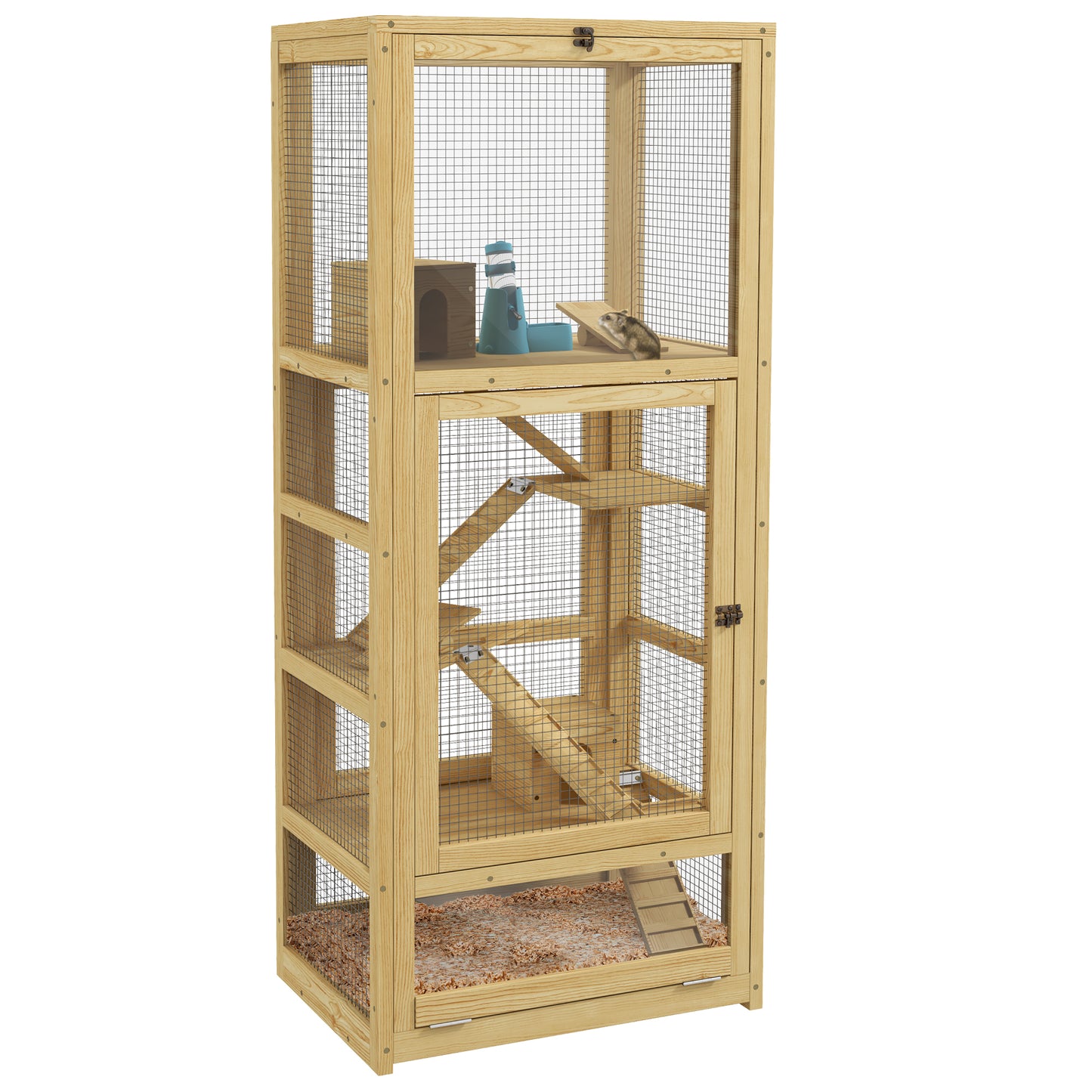 Hamsterras – Knaagdierkooi – Dierenkooi – Houten Kooi – Kleine Dierenkooi – 5 Verdiepingen Met Ladder & Schommel – Uitneembare Bodemlade & Natuurlijk Hout – 54x38x131 cm