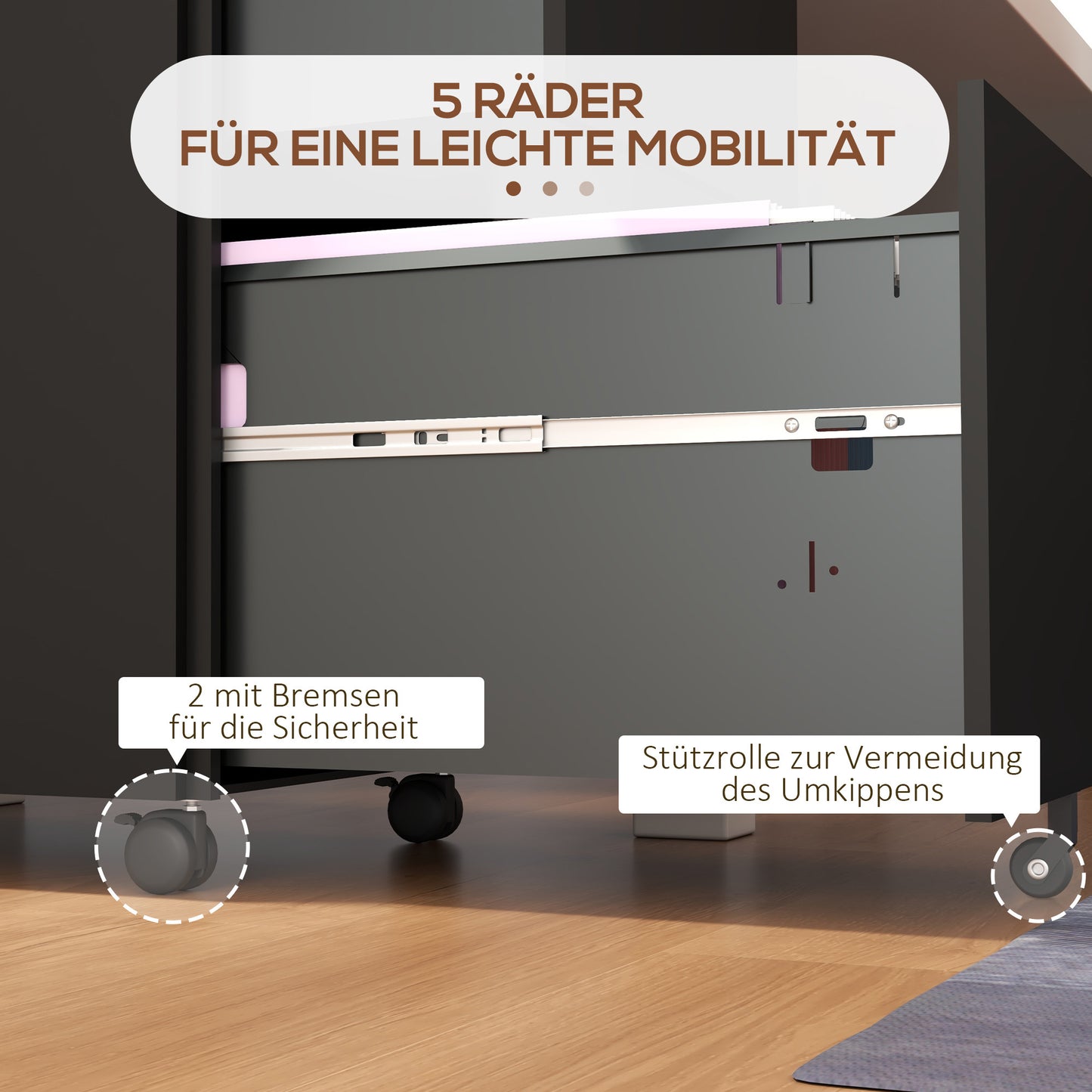 Ladekast Rollend – Kantoorcontainer – Archiefkast – Opbergkast – Met Wieltjes – Verstelbare Hangmappen – Met Slot – Stalen Zwart – Compact 37x43,5x67,5 cm – Mobiel En Veilig