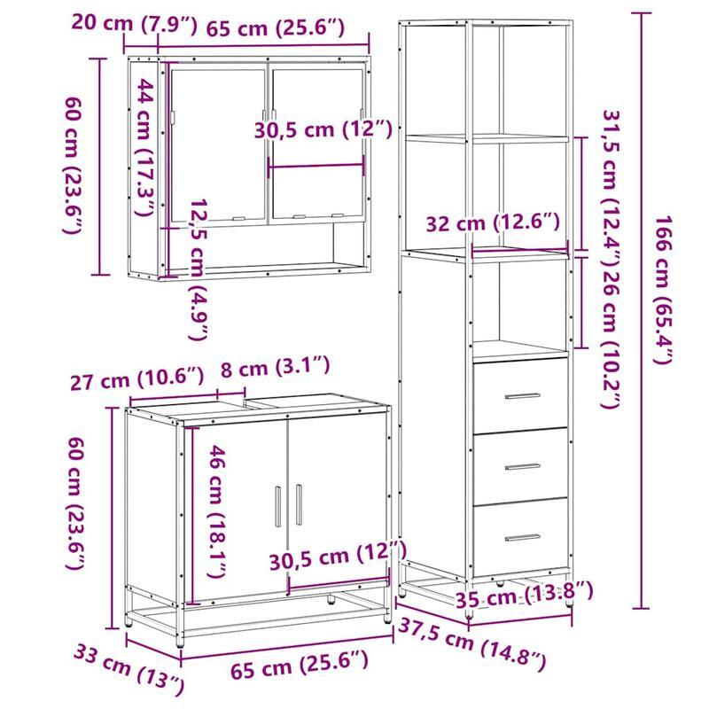 Badkamermeubelset – Badkamerkast – Wastafelkast – Ladekast – Spiegel – Variant Braun – Sonoma Eikenhout – Compact & Duurzaam
