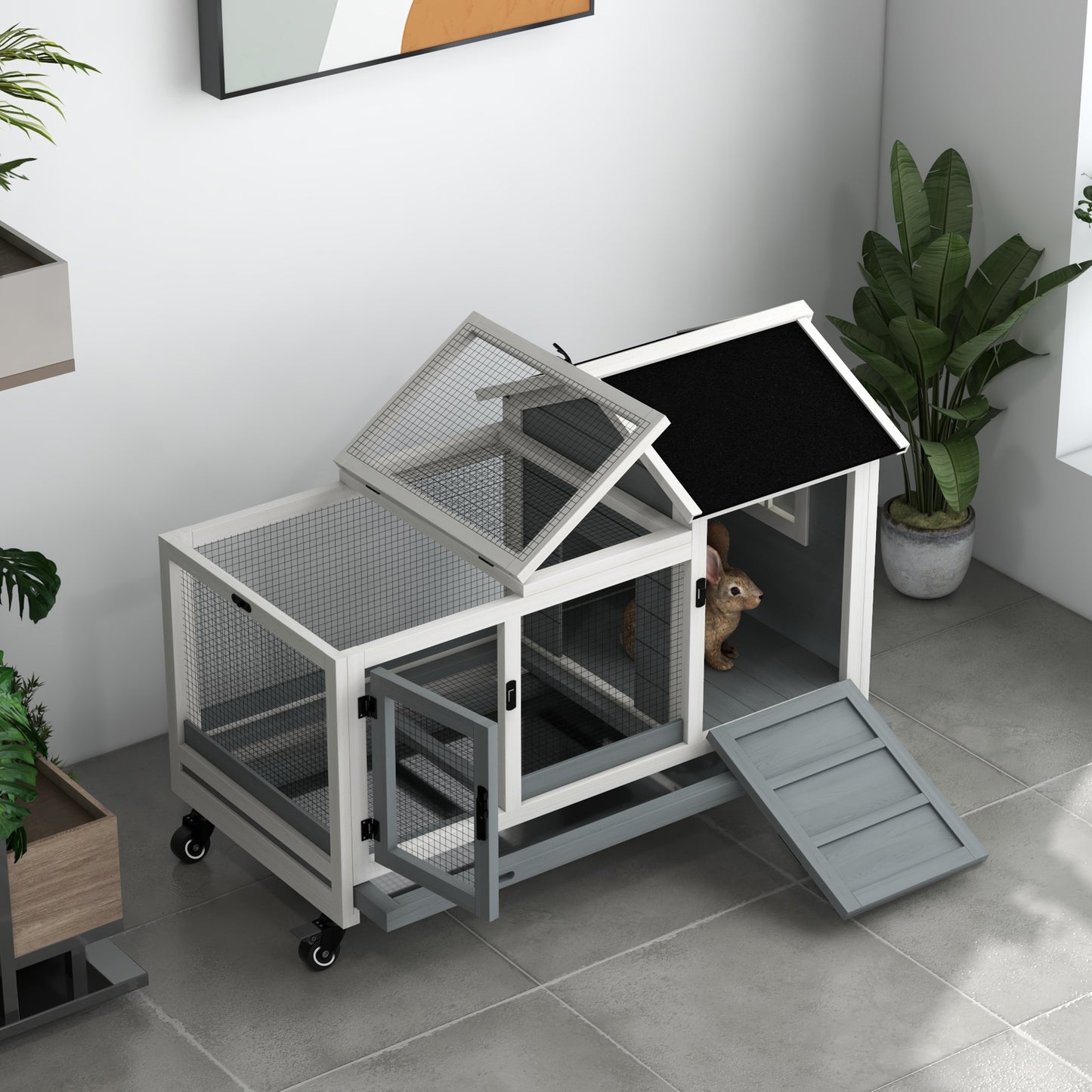 Konijnenkooi – Konijnenhok – Knaagdierkooi – Buitenren – Houten Kooi – Met Wielen – 2 Slotbare Deuren – Uittrekbare Droppingslade – 108x58x73,5 cm