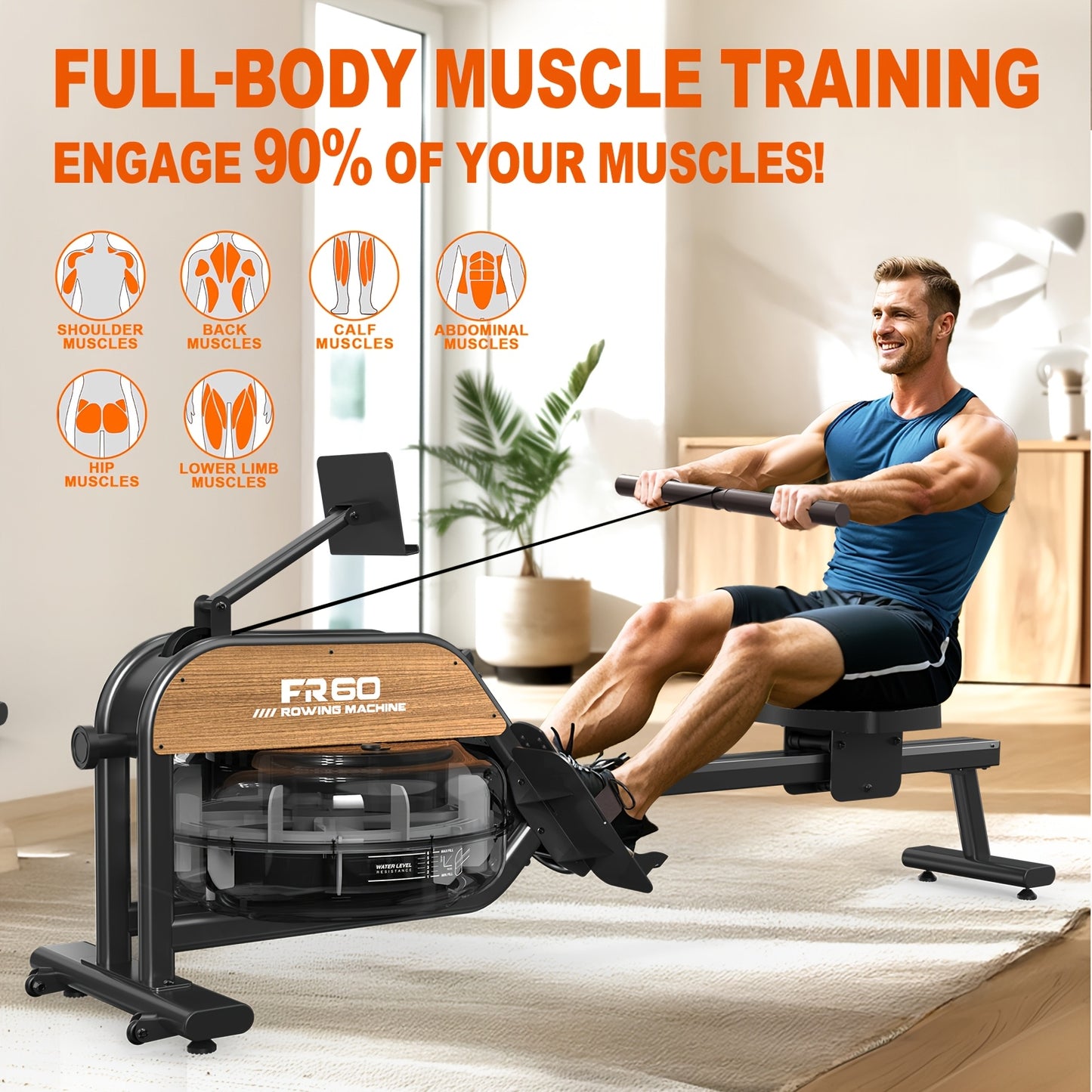 1 VOWVIT 28L Water Tank Rowing Machine for Home | With LED Monitor, Adjustable Tablet Holder, Aluminum Alloy, Max User Height 200 cm, Without Battery