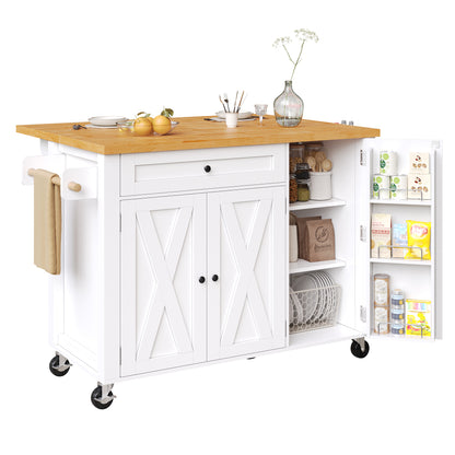 White Wheeled Mobile Kitchen Island Cart with Cupboards & Crockery Cabinet - Adjustable Shelves, 3 Doors/1 Drawer, Spice Rack & Towel Rail - Heavy-Duty Pull-Out Storage Unit (99x70(40)x90cm), Assembly Required for Small Space