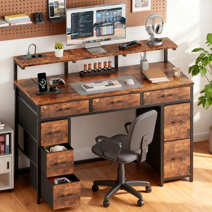 Modern Bureau – Werkplek Meubel – Computer Tafel – Gaming Desk – 8 Lades Opbergmeubel – Verstelbare Monitorstandaard – Ingebouwde EU Stroomvoorziening – Stevig MDF Werkblad 119 cm