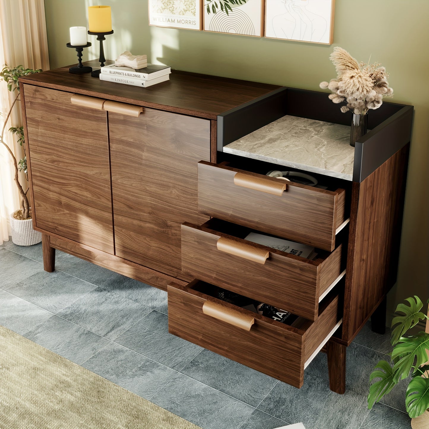 Opbergkast – Kast – Opbergmeubel – Dressoir – Kastje – Modern Klassiek – Bamboe Met Marmerlook Blad – Vrijstaand Ruimtebesparend Bruin