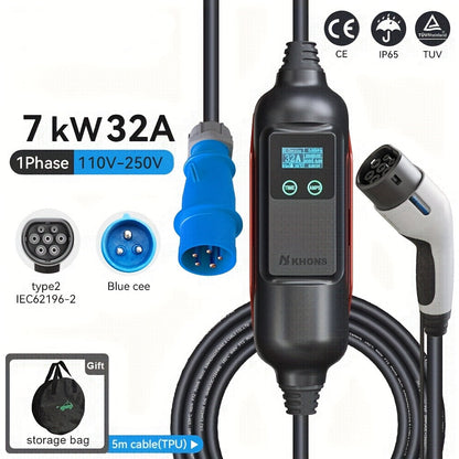 Draagbare EV Lader – Elektrische Auto Oplader – Type 2 Laadkabel – Mobiele Laadstation – 7 kW 32A – TPU Kabel – Veilig Laden Zonder App