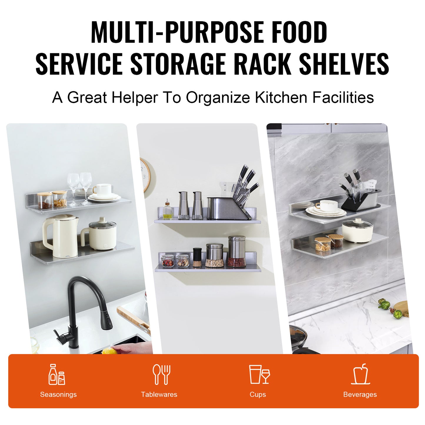 RVS Muurplank – Wandplank – Zwevende Plank – Opbergplank – Keukenplank – Roestvrij Staal – Met Achterwand – 62x22 cm – Draagvermogen 20 kg