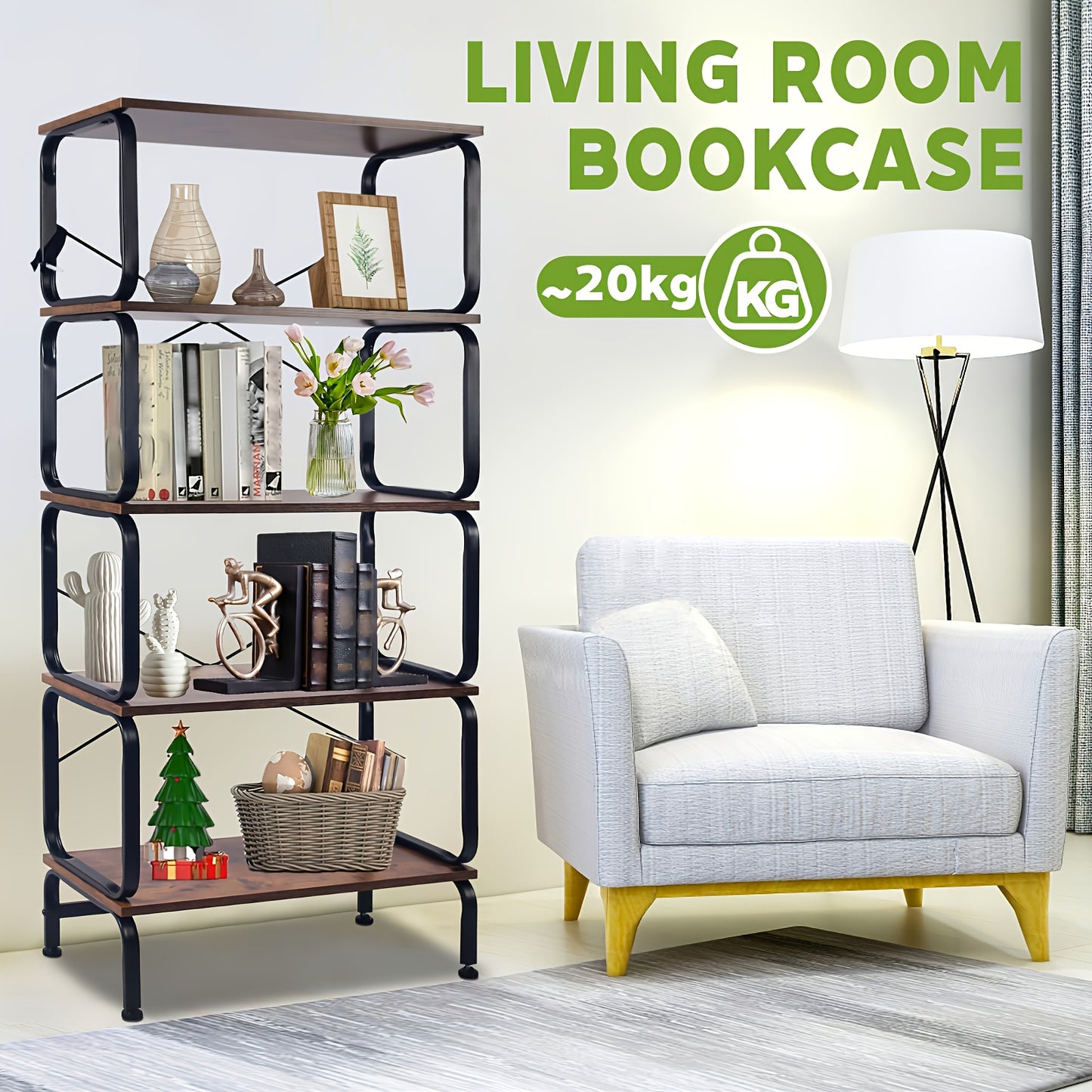 5-laags metalen opbergrek – boekenplank – staand rek – opslagrek – displaykast – Bruin met zwart frame – industrieel design – stevige constructie – ruimtebesparend verticaal model