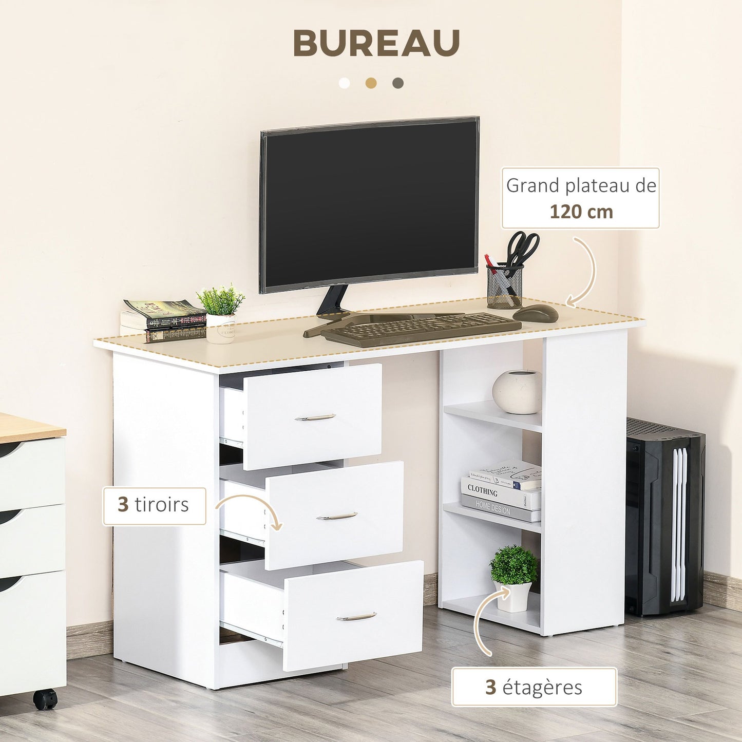 Computertafel – Bureau – Werkplek – Studietafel – Laptoptafel – Met 3 Laden – MDF Wit – Compact 120x49x72 cm