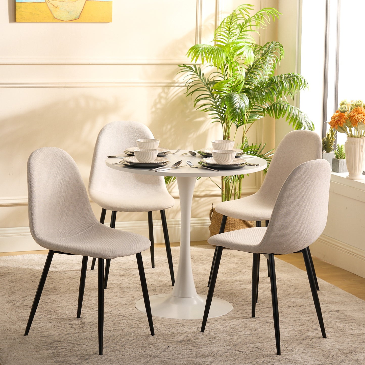 Eetkamerstoel – Dining Chair – Kuipstoel – Stoel – Zithoekstoel – Scandinavisch Design – Met Metalen Poten – Set Van 4 – Ergonomische Rugleuning – Zacht Schuimkussen – Wit – 46,5x43,5x85,5 cm
