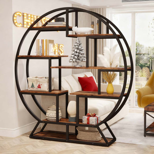 Ronde Boekenplank – Boekenrek – Opbergkast – Wandrek – Displayrek – Rustiek Bruin – 8 Lagen – Hout en Metaal – Vrijstaand – Makkelijk Te Monteren