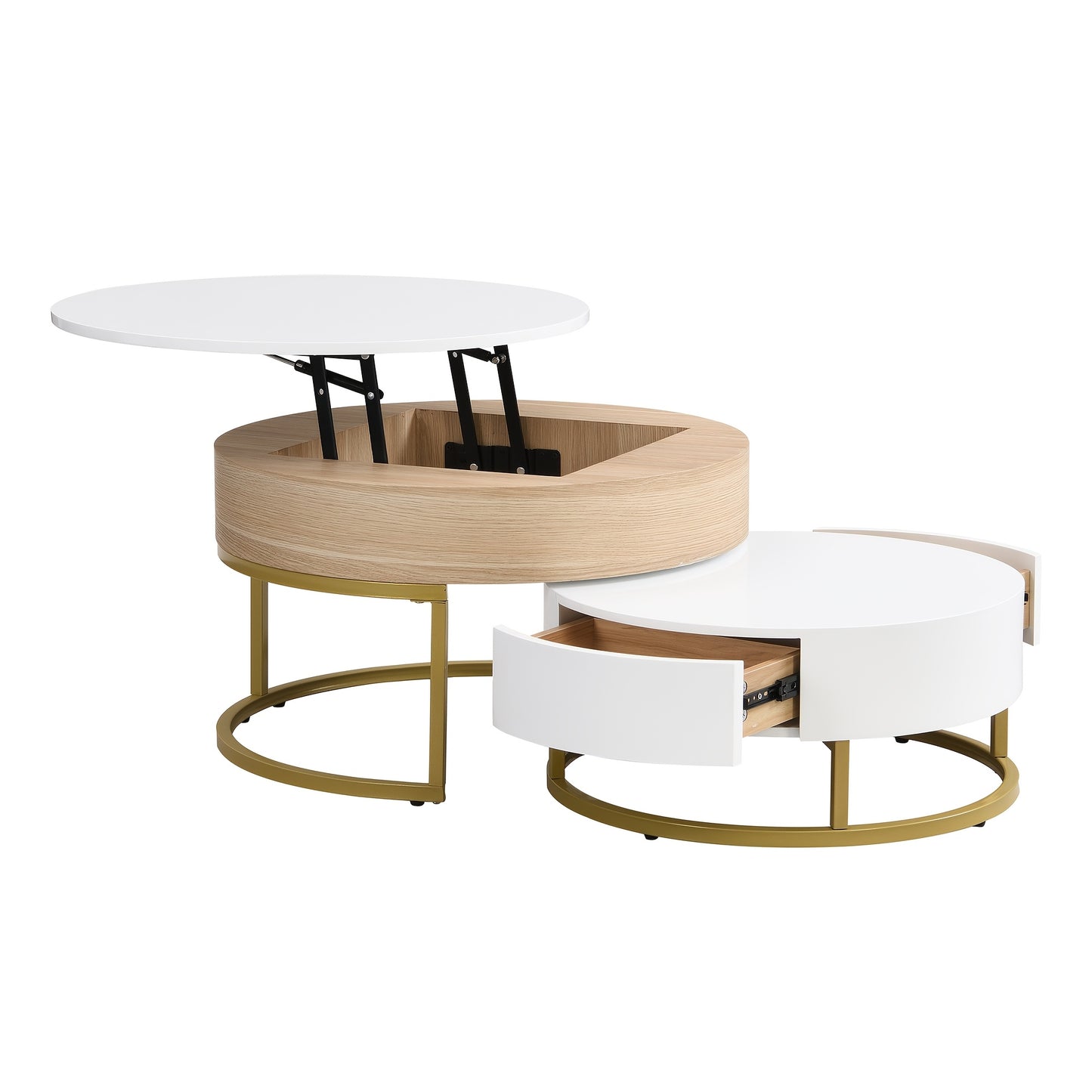 Bijzettafels – Salontafel – Side Table – Nesting Tafels – Opbergtafel – Houten Set – Inklapbaar Ontwerp – Opberglades – Wit Met Gouden Accenten