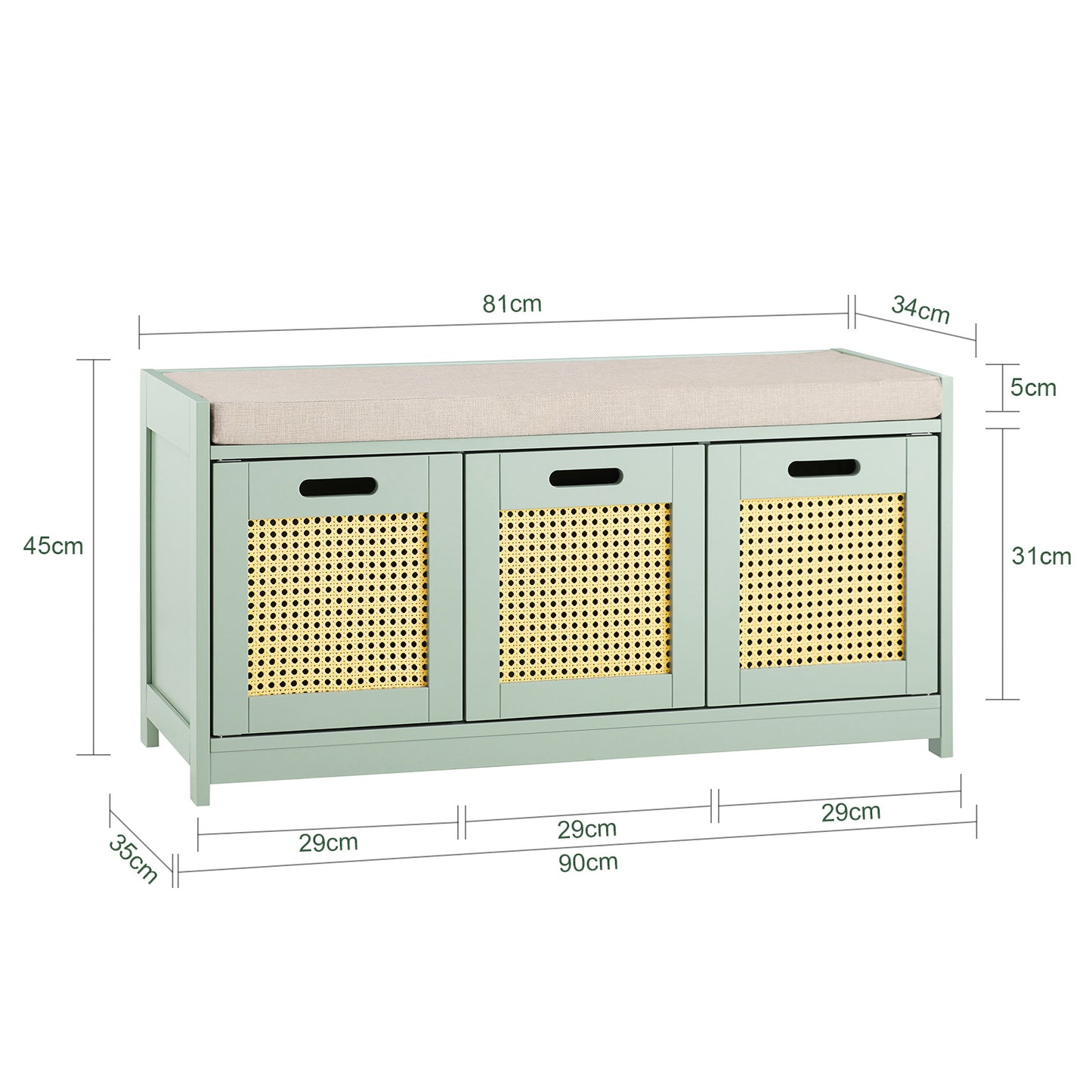 Halbank – Bankje – Zitbank – Opbergbank – Gangbank – Met Lade en 2 Deurtjes – Max. 150 kg – 90x35x45 cm – Groen – Hout