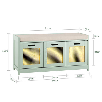 Halbank – Bankje – Zitbank – Opbergbank – Gangbank – Met Lade en 2 Deurtjes – Max. 150 kg – 90x35x45 cm – Groen – Hout