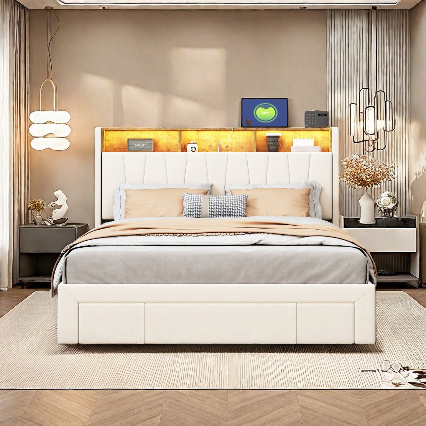 Tweepersoonsbed – Dubbelbed – Queensize Bed – Slaapbank – Bedframe – Fluwelen Bedframe – 160x200 cm – LED Verlichting en USB Poort – 4 Opbergladen