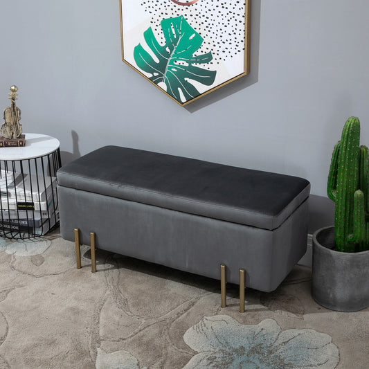 Bankje – Opbergbank – Zitbank – Opbergkist – Gestoffeerd – Donkergrijs – Met Opbergruimte – 100x40x42 cm – Rubberhout Frame – Metalen Poten