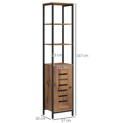 Badkamerkast – Kolomkast – Opbergkast – Toiletkast – Badmeubel – Industrieel Design – 37x30x167 cm – MDF met Stalen Frame – Verstelbare Planken & Ventilerende Lattendeur – Kastanje Bruin