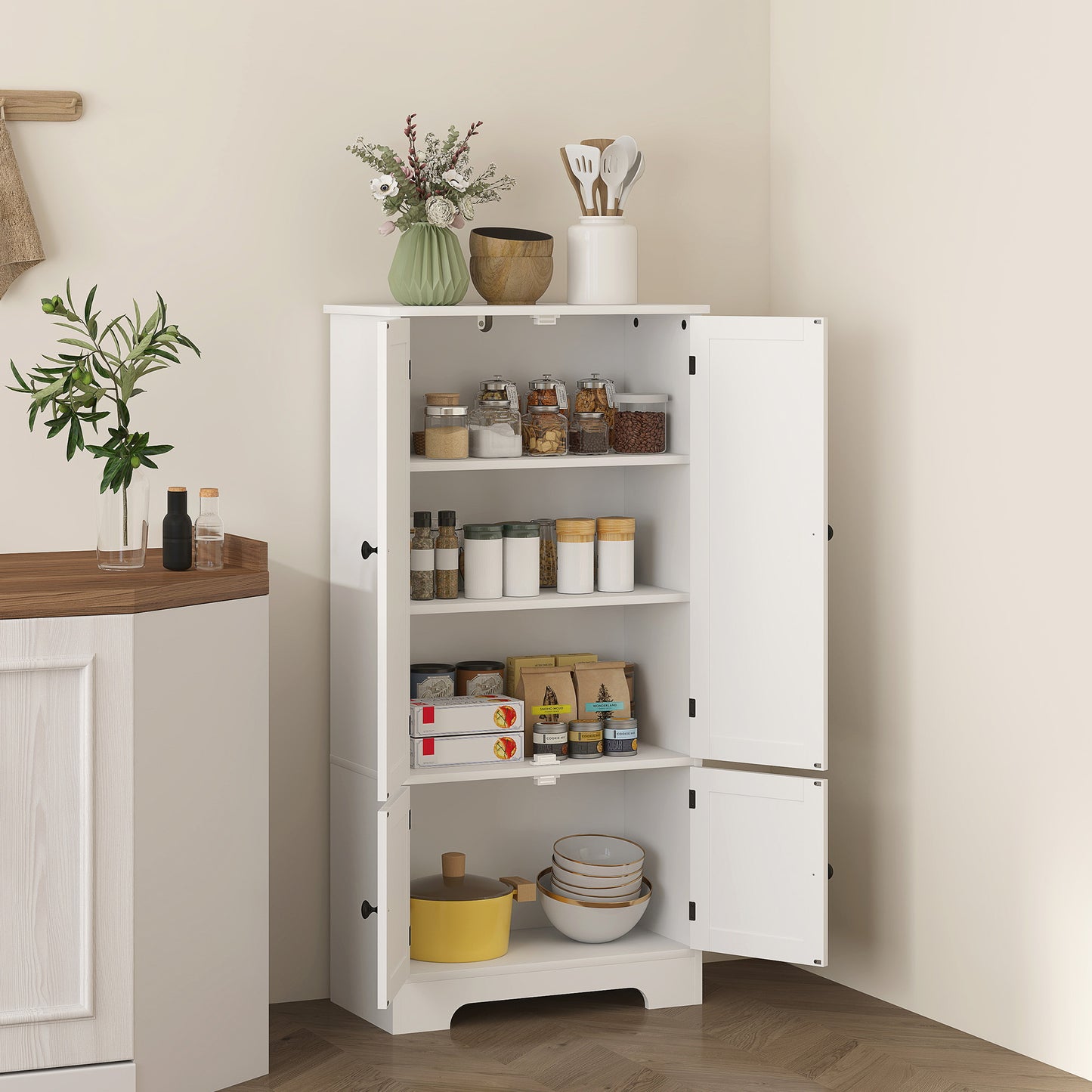HOMCOM Kitchen Armoire Buffet Cabinet with Adjustable Shelves And Cupboards for Dining Room, Living Room, 58.2 X 30 X 123 Cm, White