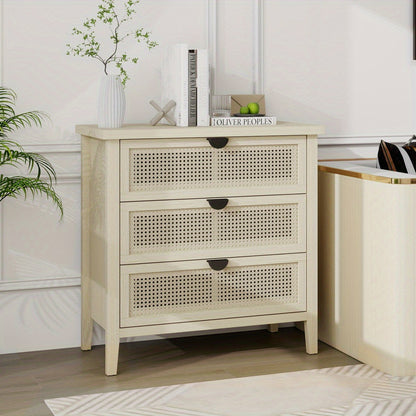 Dressoir – Kast – Opbergkast – Ladekast – Buffetkast – Modern Woven Honeycomb Design – 3 Lades Met Verwisselbare Deurpanelen – Duurzaam Niet-Houten Materiaal – Compact 80 cm Breed – Beige/Witte Afwerking Met Gouden Accenten