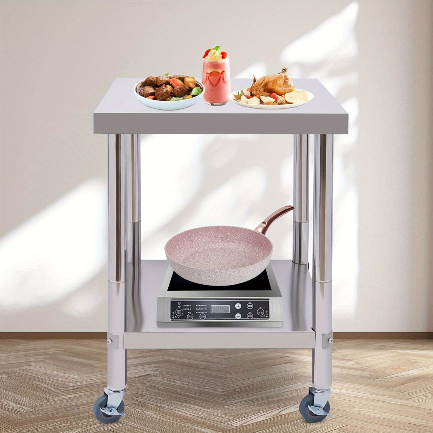 RVS Werktafel – Roestvrijstalen Werkbank – Keukentafel – Werkblad – Mobiele Tafel – 60x60 cm – 2 Niveaus – Max 300 kg Draagvermogen - QUORE