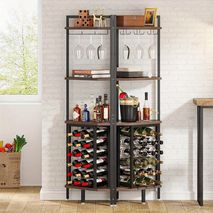 Wijnrek – Wijnkast – Flessenrek – Wijnhouder – Glazenhouder – Hoekmodel 4-lagen – Stevig Kunsthout & Zwart Metaal – Ruimtebesparend Industrieel Design