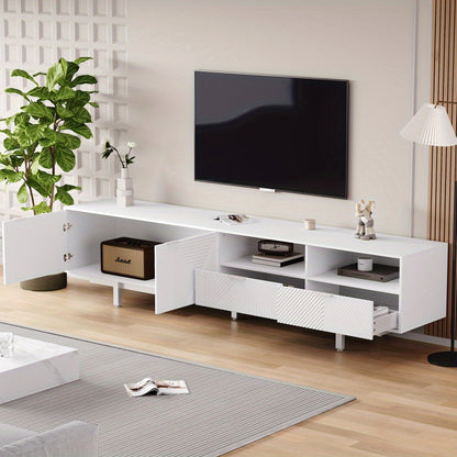 A Contemporary Bohemian-Style TV Stand Featuring Abstract White Geometric Patterns, Designed with Minimalist Cabinet Doors And Ample Storage Space. Its Dimensions Are 200 Cm by 40 Cm by 51 Cm, Suitable for a TV Up to 90 Inche