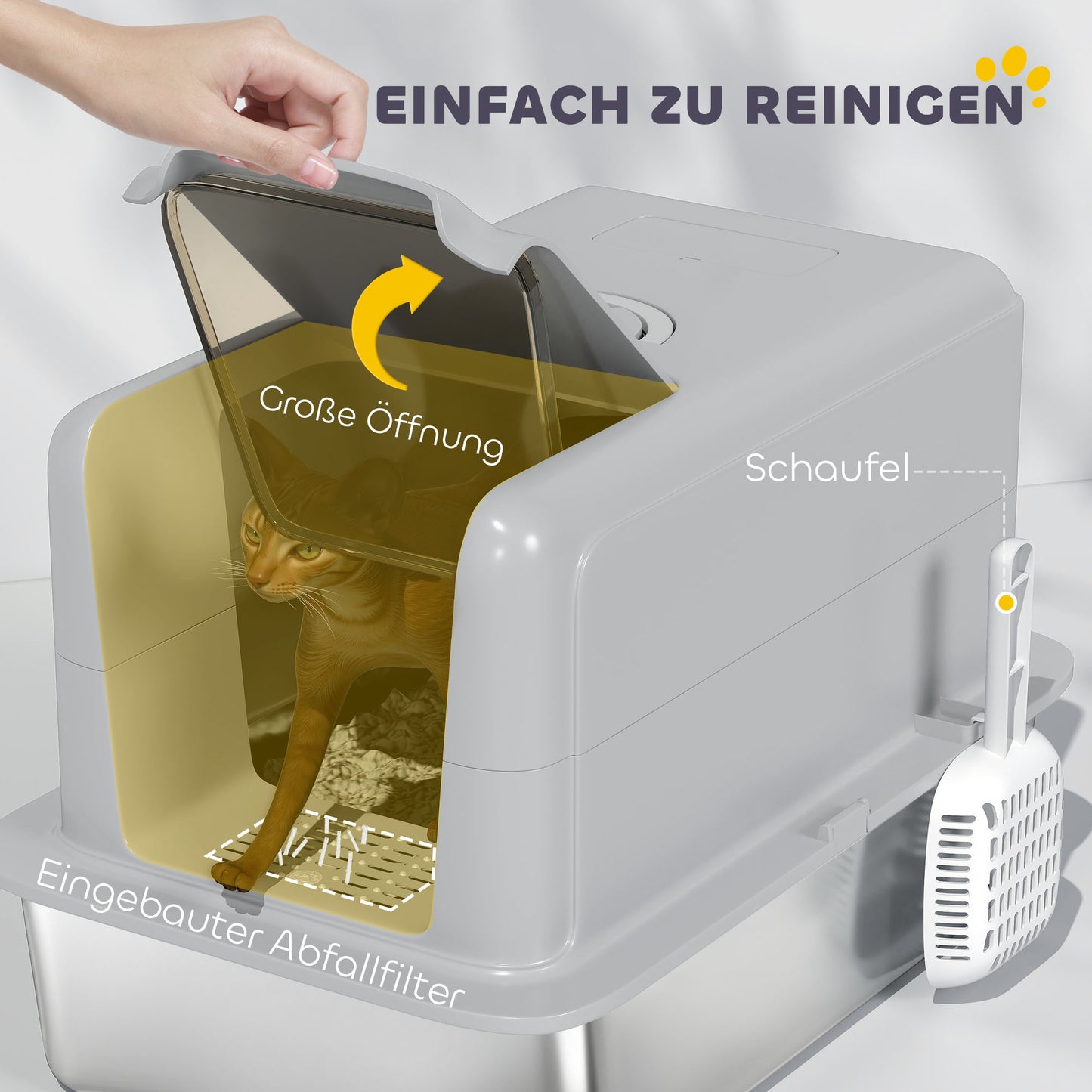Kattenbak – Kattentoilet – Kattenbak Zwart – Kattenbak Open – Gesloten Kattenbak – Roestvrijstalen Binnenbak – Geurfilter Met Schep – Ruim Voor Katten Tot 6 Kg – Grijs/Zilverkleurig 40,5x60,5x41,5 cm