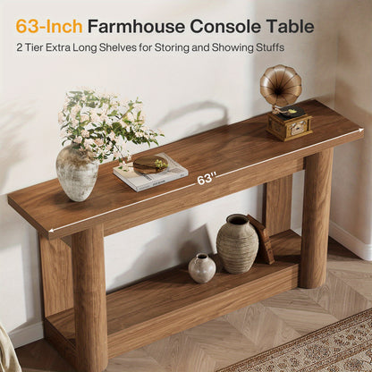 Console Tafel – Sofa Tafel – Sidetable – Haltafel – Accenttafel – 160 cm – U-Vormige Grijze Basis – Vintage Brown & Gray – Houten 2-Lagen – Landelijk Design