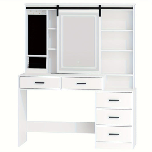 Kaptafel – Make-up Tafel – Vanity – Opmaktafel – Cosmeticatafel – Verstelbare LED Verlichting – Afneembare Grote Spiegel – Sieradenopslag – 5 Lades – Open Plank – Modern Wit – 120x40x150 cm