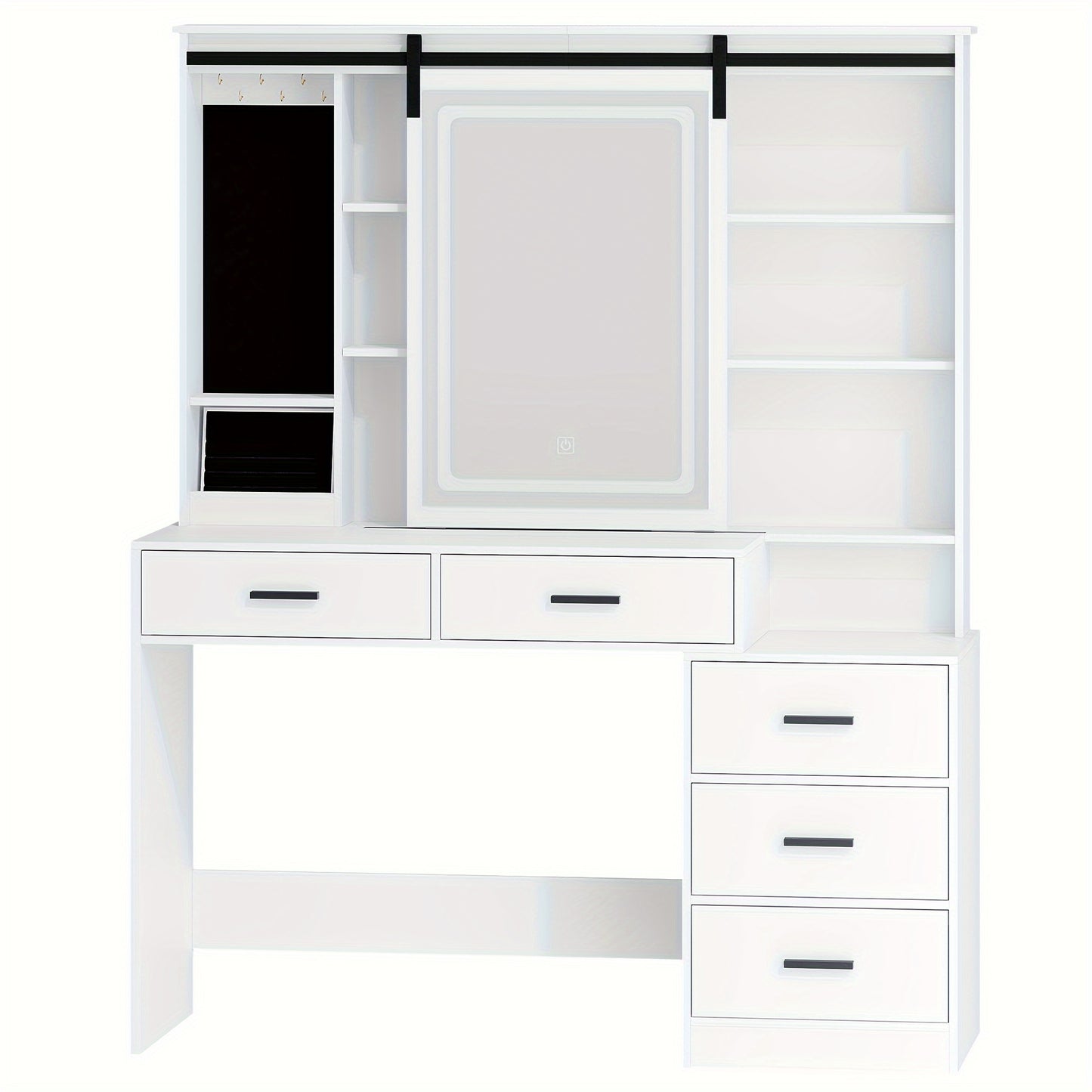 Kaptafel – Make-up Tafel – Vanity – Cosmeticatafel – Opmaaktafel – Verstelbare LED Verlichting – Grote Afneembare Spiegel – 5 Laden – Wit – Met Sieradenopslag – Open Plank