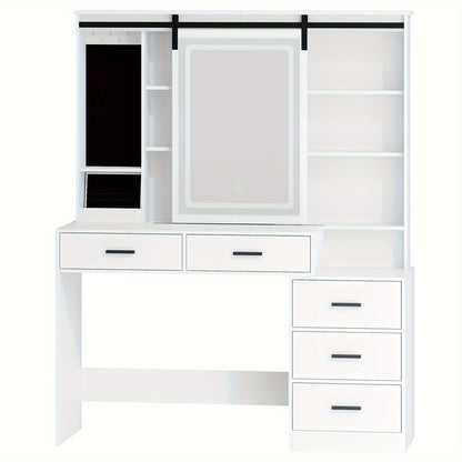 Kaptafel – Make-up Tafel – Vanity – Cosmeticatafel – Opmaaktafel – Verstelbare LED Verlichting – Grote Afneembare Spiegel – 5 Laden – Wit – Met Sieradenopslag – Open Plank