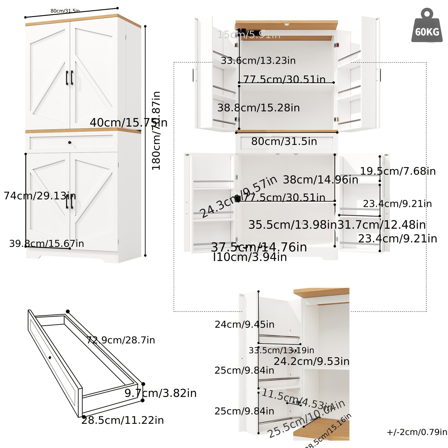 Keukentrolley – Keukenkast – Serveerwagen – Keukenwagen – Opbergkast – Extra Lang Werkblad – Verrijdbaar Met 3 Deuren En Verstelbare Planken – Modern Wit-Zwart Design