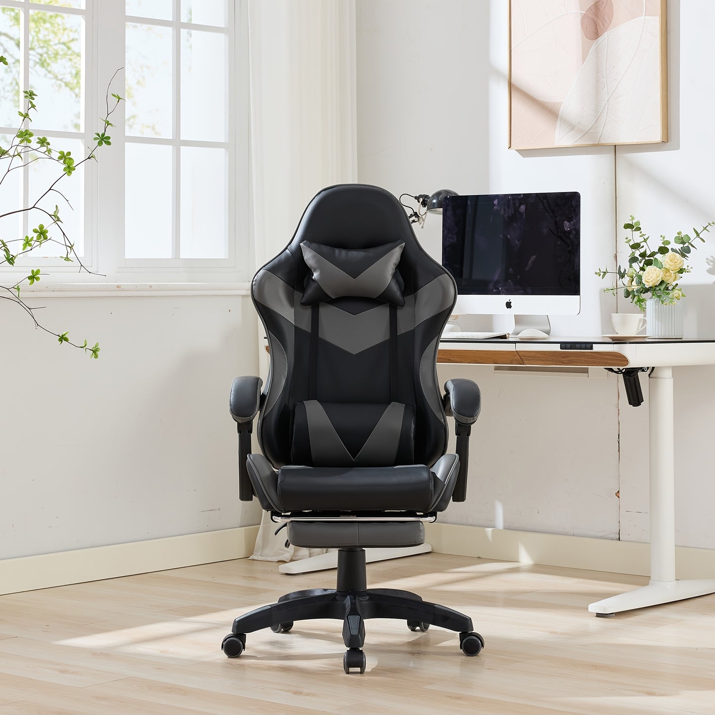 360° Rotating Racing Car Design Lounge Chair, Gaming Chair, High-back Office Chair, Height Adjustable, with Wheels, Footrest, Headrest And Lumbar Support.