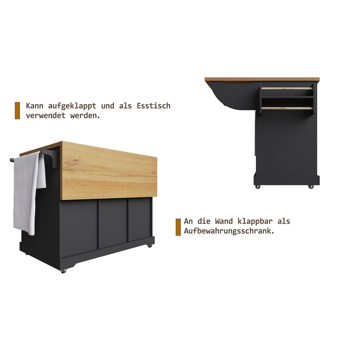 Multifunctionele Keukentrolley – Serveerwagen – Werkbank – Buffetwagen – Opbergmeubel – Zwart Met Metalen Details – Klapsysteem Tot 70 Cm – Mobiel Met Wieltjes