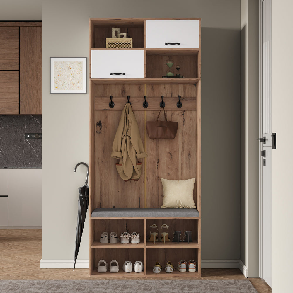 Kapstok – Halmeubel – Garderoberek – Zitbank – Opbergmeubel – 5 Haken – 2 Deuren Met 6 Open Vakken – Natuurlijk Hout Met Wit – 80x185x35 cm