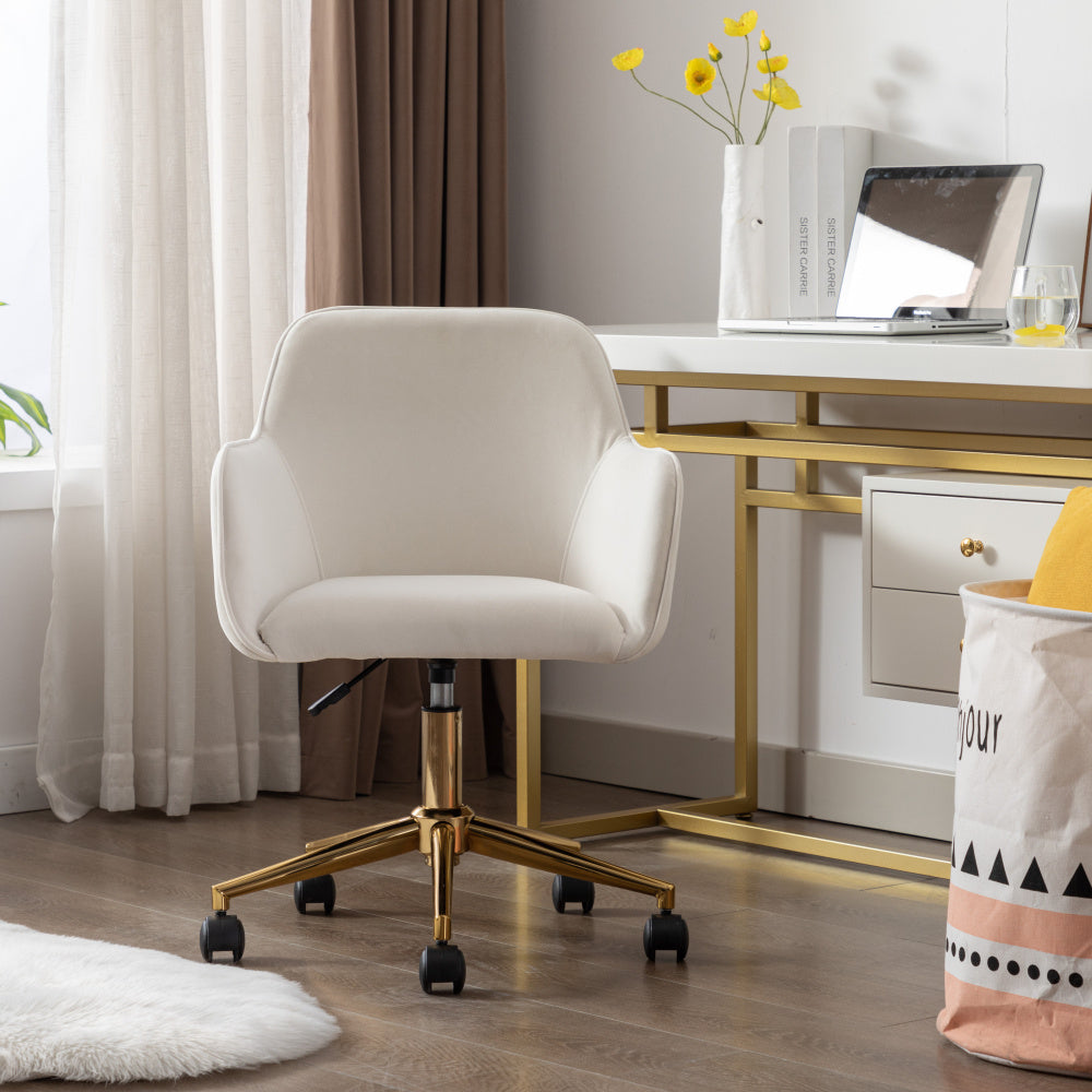Bureaustoel – Kantoorstoel – Werkstoel – Draaistoel – Stoel Met Verstelbare Hoogte – Velvet Ivoor Bekleding – 360° Draaibaar – Vijfwielige Basis – Hooge Rugleuning – Comfortabele Foamvulling