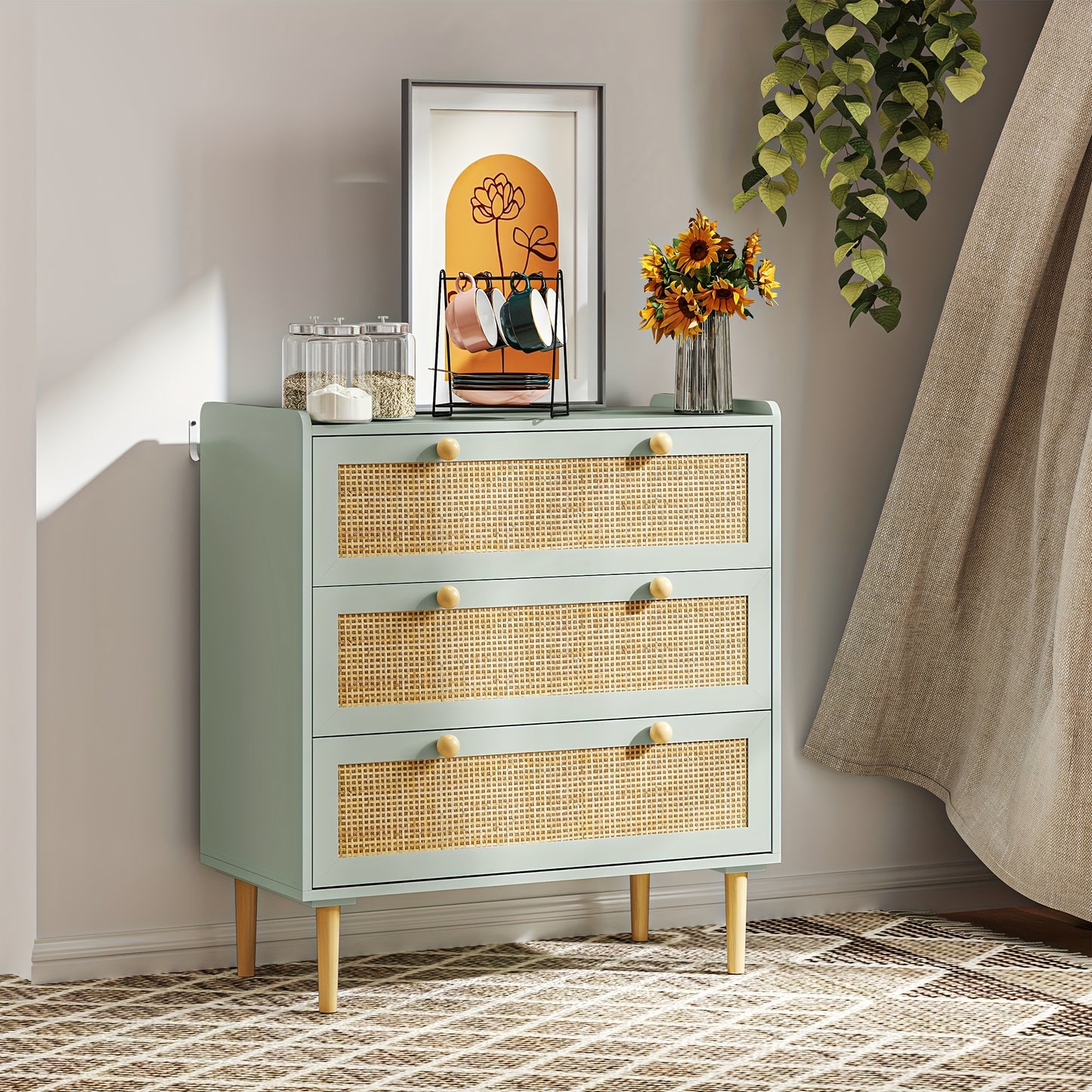 Kast Met Laden – Ladekast – Commode – Sideboard – Opbergmeubel – Rattan Effect – Lichtblauw – 3 Laden – Modern Design