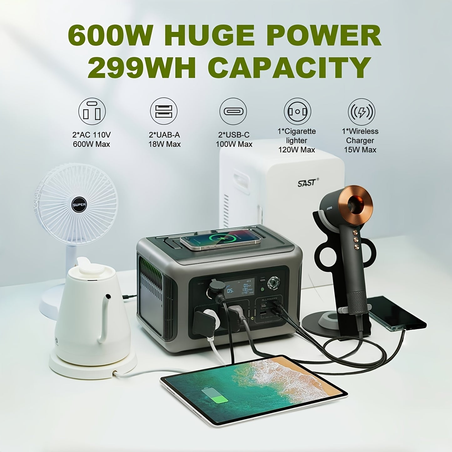 Power Station – Draagbare Accu – Mobiele Generator – Outdoor Energievoorziening – Noodstroomvoorziening – 299Wh LiFePO4 Batterij – 600W Continu Vermogen Met Snelladen