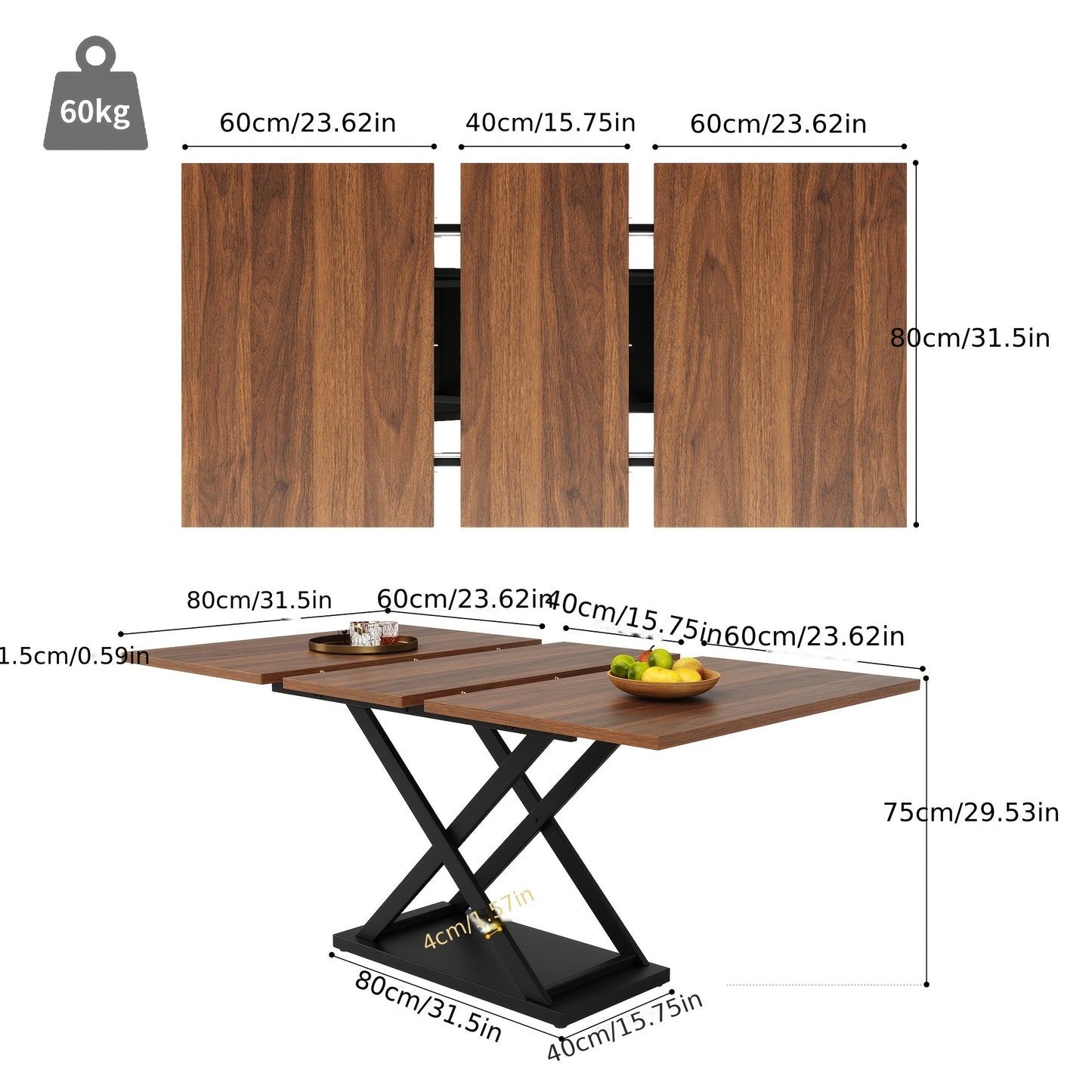 Extendable Walnut Dining Table with Black Iron Legs, 120-160 x 80cm, Space-Saving Design for Kitchen & Living Room, Classic Hardwood Finish, Easy Assembly, Sturdy X-Shaped Frame, Walnut Furniture