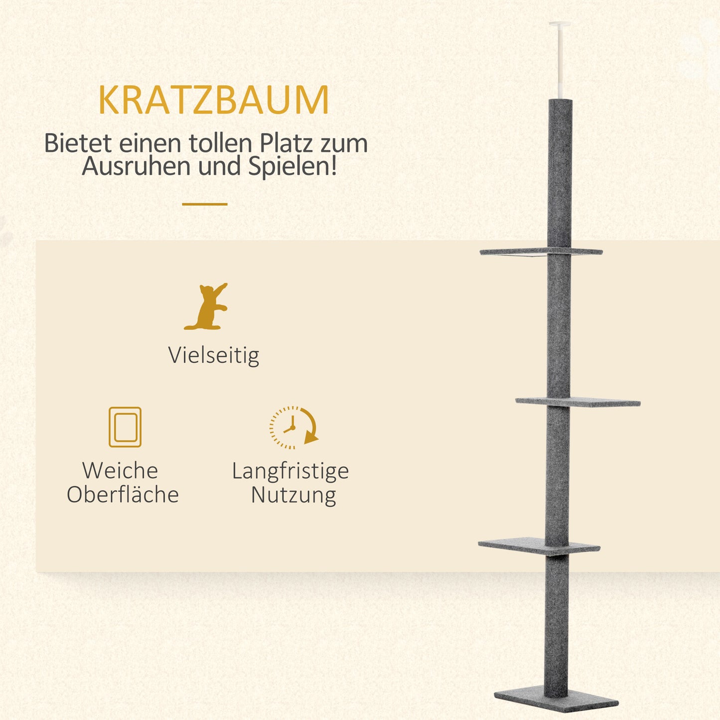 Krabpaal – Krabboom – Klimpaal – Kattenboom – Speelpaal – Grijs – Verstelbare Hoogte 228-260 cm – 4 Comfortabele Platforms