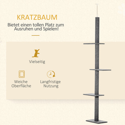 Krabpaal – Krabboom – Klimpaal – Kattenboom – Speelpaal – Grijs – Verstelbare Hoogte 228-260 cm – 4 Comfortabele Platforms