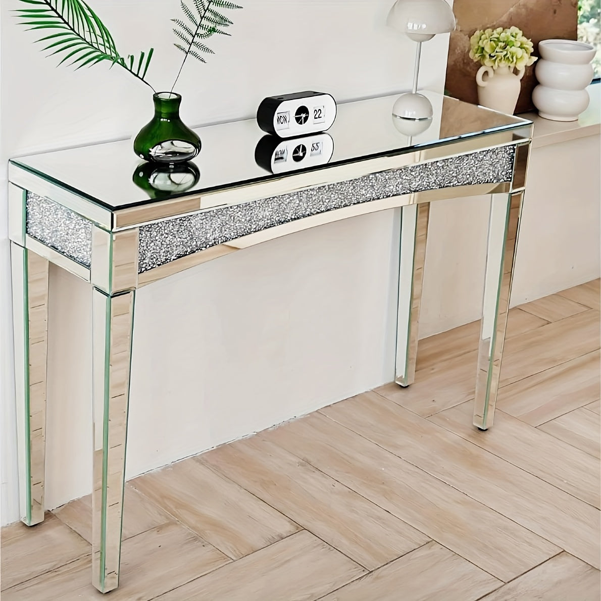 Spiegelende Sidetable – Console Tafel – Bijzettafel – Halmeubel – Make-uptafel – Glamoureuze Diamantkristal Afwerking – 120x35x80,5 cm – Glas en Hout