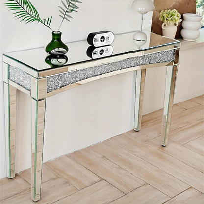 Spiegelende Sidetable – Console Tafel – Bijzettafel – Halmeubel – Make-uptafel – Glamoureuze Diamantkristal Afwerking – 120x35x80,5 cm – Glas en Hout