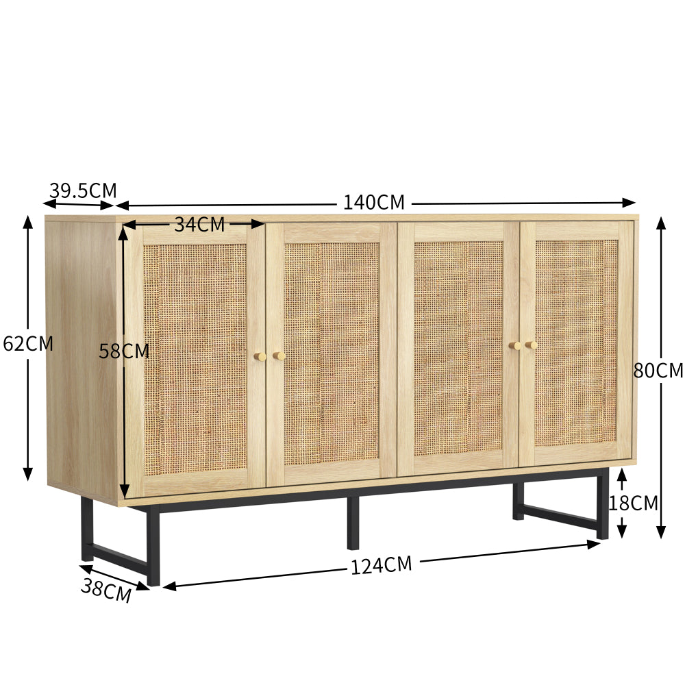 Sideboard, 140x39.5x80cm, featuring genuine rattan weave, four doors, ample storage space to meet your diverse needs, making it the ideal choice for your dining and living room furnishings.